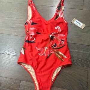 Red and Cream Floral One Piece Swimsuit with Scoop Neckline